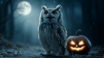 Owl near a carved glowing jack-o'-lantern with full moon behind. Halloween - Powered by Adobe
