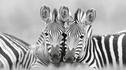 Two zebras standing close together, creating the illusion of a whole, symbolising unity and harmony. Useful for wildlife articles, educational materials and animal conservation projects.