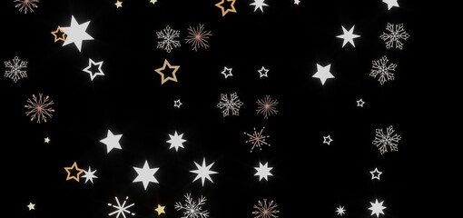 Festive winter background with white and gold stars and snowflakes on a black backdrop. Perfect for holiday designs.