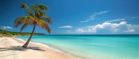 Obraz premium An idyllic beach with a lone palm tree and turquoise water, the perfect place to relax and dream. Suitable for travel brochures, travel magazines and resort advertisements.