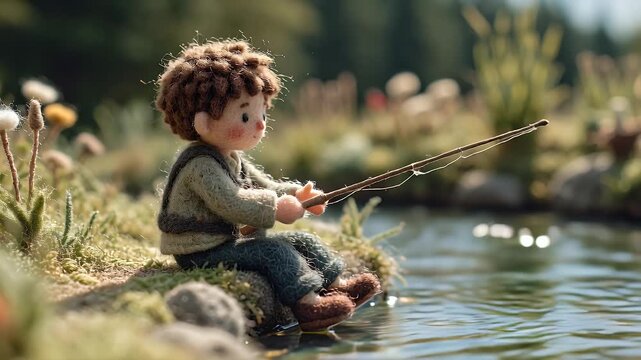 Doll fishing on a sunny day outdoors with water and grass
