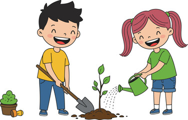 Cartoon Kids Planting Tree with Shovel and Watering Can, Eco-Friendly Gardening, Nature Care and Teamwork Education Vector Scene