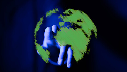 Abstract digital human hand reaching for a vibrant green Earth globe, symbolizing environmental protection, global connection, and sustainable f