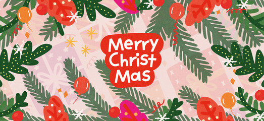 Merry Christmas and Happy New Year greeting card or banner. Modern beautiful Xmas design, Christmas tree branches, balls and toys. Art poster, cover, decor templates	

