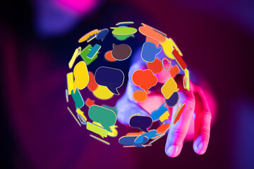 Hand touching a digital sphere composed of speech bubbles, representing global networking and online connection concept.