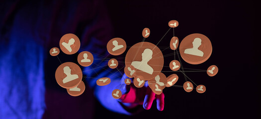 Illustration of virtual networking with connected profiles, digital marketing and connection for business social interaction.