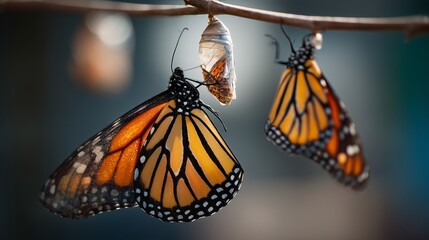 Two butterflies rest on a branch as the butterflies display colorful wings. Near these butterflies, an empty cocoon shows the butterflies' transformation process.