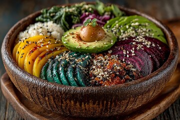 Close-up of a colorful vegan bowl. Generative AI