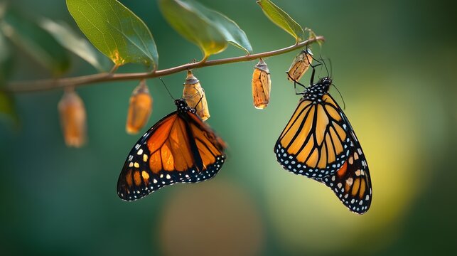 Fototapeta Two monarch butterflies are perched on a branch, showcasing their vibrant monarch wings. Nearby, empty cocoons indicate the monarch transformation from chrysalis to butterflies.