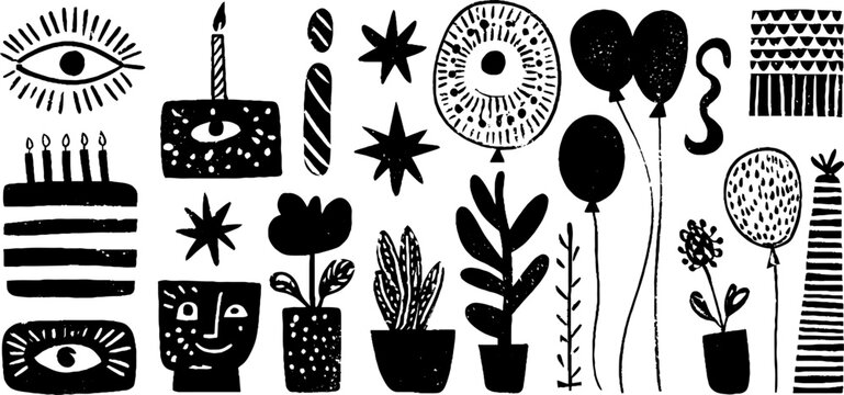 Birthday celebration elements: gift, cake, candle, star, balloon illustrations for festive decorations