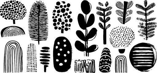 Hand-drawn botanical corner elements with branches, leaves, and lines for artistic design