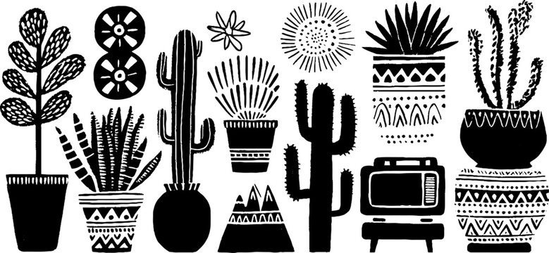 Scandinavian boho cactus and plant silhouettes for vintage design and decor