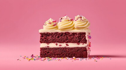 A tempting slice of red velvet cake sits proudly with layers of creamy frosting and joyful sprinkles