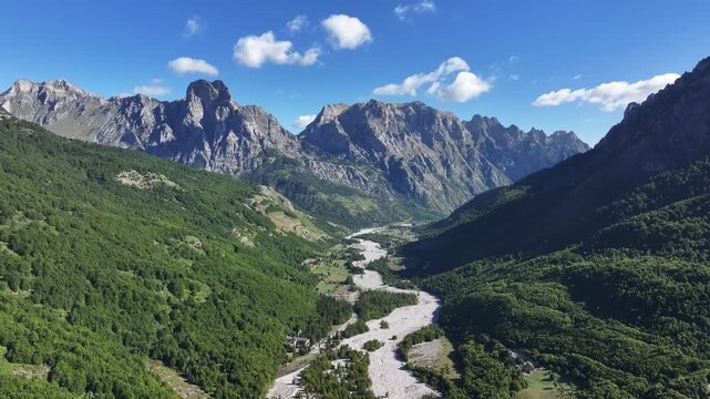 Aerial view of the Albanian Alps and Valbon&euml; Valley in northern Albania