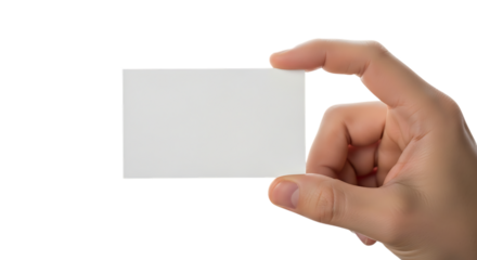 Hand holds blank white business card for contact information