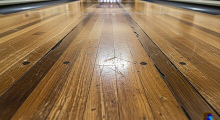 A long wooden bowling lane with visible wear and tear leading towards bowling pins in a brightly lit bowling alley