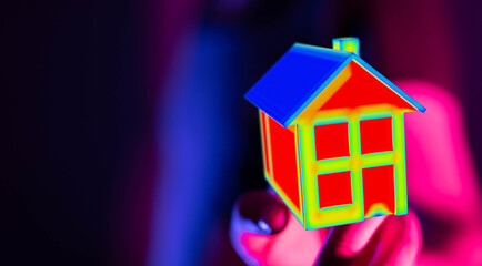 Conceptual image of a house represented in a thermal image, indicating energy efficiency or loss. Visualization of home energy, insulation, and
