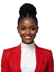 Portrait of a confident african american businesswoman smiling in a red blazer isolated on transparent background