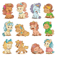 Set of cute cartoon horses in different poses and moods, vector illustration

