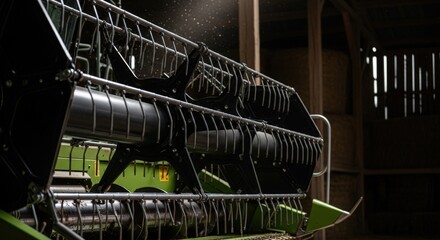 Modern green combine harvester header with rotating reel inside a dusty barn on a bright sunny day