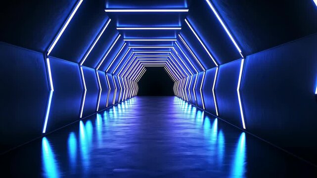 Futuristic neon tunnel with symmetrical blue light patterns and reflective surface