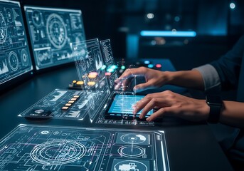 Hacker using futuristic interface with glowing data