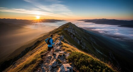 Man trail running on a high mountain ridge above a sea of clouds at a bright sunny sunrise
