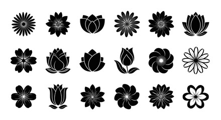 Collection of stylized floral elements in black and white, suitable for decorative accents and.