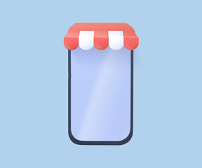 Online store 3D render illustration. Smartphone with awning and sale tag for e-commerce, digital shopping, and online retail. Perfect for marketing materials, mobile apps, websites, and advertising