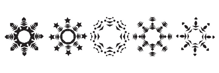 Grunge Snowflakes Stamps Collection. Can be used as Banners, Insignias or Badges. Vector Distressed Textures Set. Blank Geometric Shapes. Vector Illustration. Isolated on white background. EPS10.