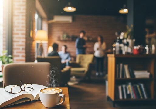 Coffee cup and book in a cozy cafe with people