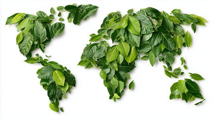 Naklejka premium World Maps Made of Green Leaves of various shades on a White Background