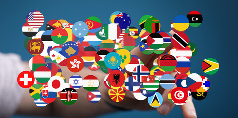 A digital hand holding various country flags, symbolizing global connection, unity, and diversity....