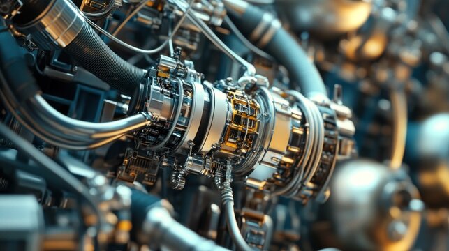 Close-up view of intricate engine components, showcasing complex machinery and precision engineering.