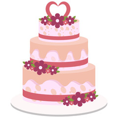 Three Tier Pink Wedding Cake Decorated With Dark Red Flowers And A Heart Topper On White Plate Isolated On Transparent Background