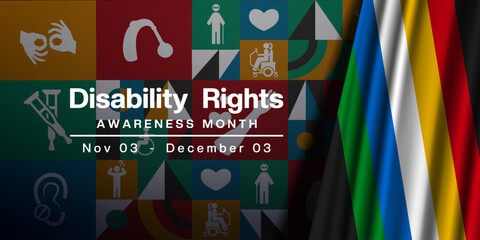 November 3 to December 3 Is National Disability Rights Awareness Month. Disability flag and more. Suitable for posters, banners and social media. Black background.