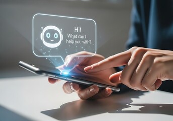 Person using a smartphone with a chatbot interface on screen