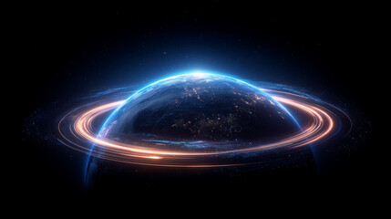 Digital Earth Globe with Orange Light Trails Representing Fast Global Data Connection