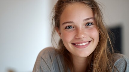 The woman's brown hair falls loosely on the woman's shoulders, clothing draped casually over her. The woman's relaxed posture and casual setting create a calm atmosphere.