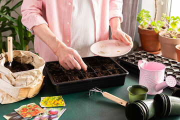 A man sows tomato seeds into a seed tray at home, surrounded by gardening tools and seed packets. He is engaged in spring garden preparation, nurturing plants from seed stage