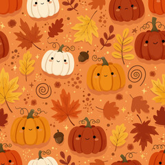Pumpkin and autumn leaves seamless pattern for Thanksgiving design