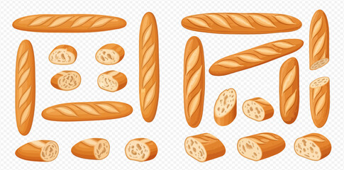 Illustration of various baguette bread loaves and slices on a transparent background.