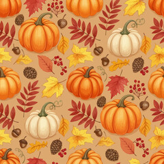 Pumpkin and autumn leaves seamless pattern for Thanksgiving design