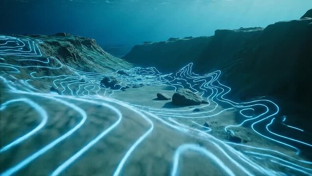 Underwater scene with glowing blue lines tracing paths across the ocean floor, surrounded by dark water and rocky terrain.