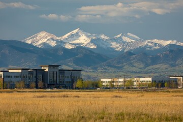 Broomfield Colorado. Interlocken Business Park and Residential Development with Colorado Mountains as Backdrop