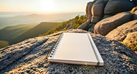 Rugged travel journal mockup on a rocky outcrop with golden hour sunlight adventure
