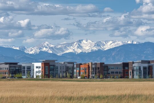 Broomfield Colorado. Scenic View of Interlocken Business Park with Mountain Backdrop and Housing Development in Spring