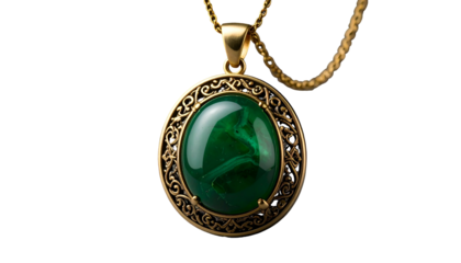 Gold pendant necklace featuring an oval, emerald green gemstone, delicate chain