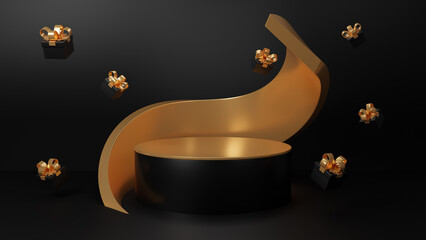 Black Friday sale with a round podium for display of product. Realistic 3d design stage podium, round studio, gift box black. Creative marketing concept. Advertising on social media. 3d rendering