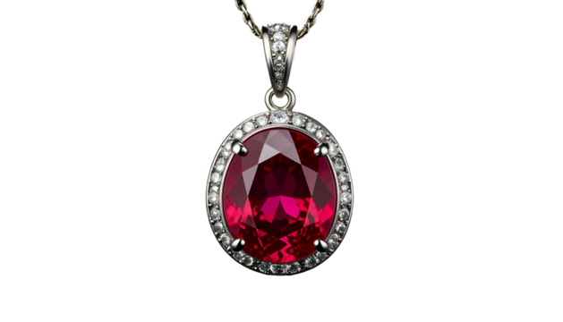 Sparkling red ruby pendant with diamond halo on silver chain